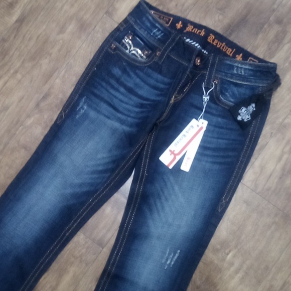 Rock Revival Women's 26 Bootcut Embellished Shimmer Dark Fade NWT - Picture 2 of 8